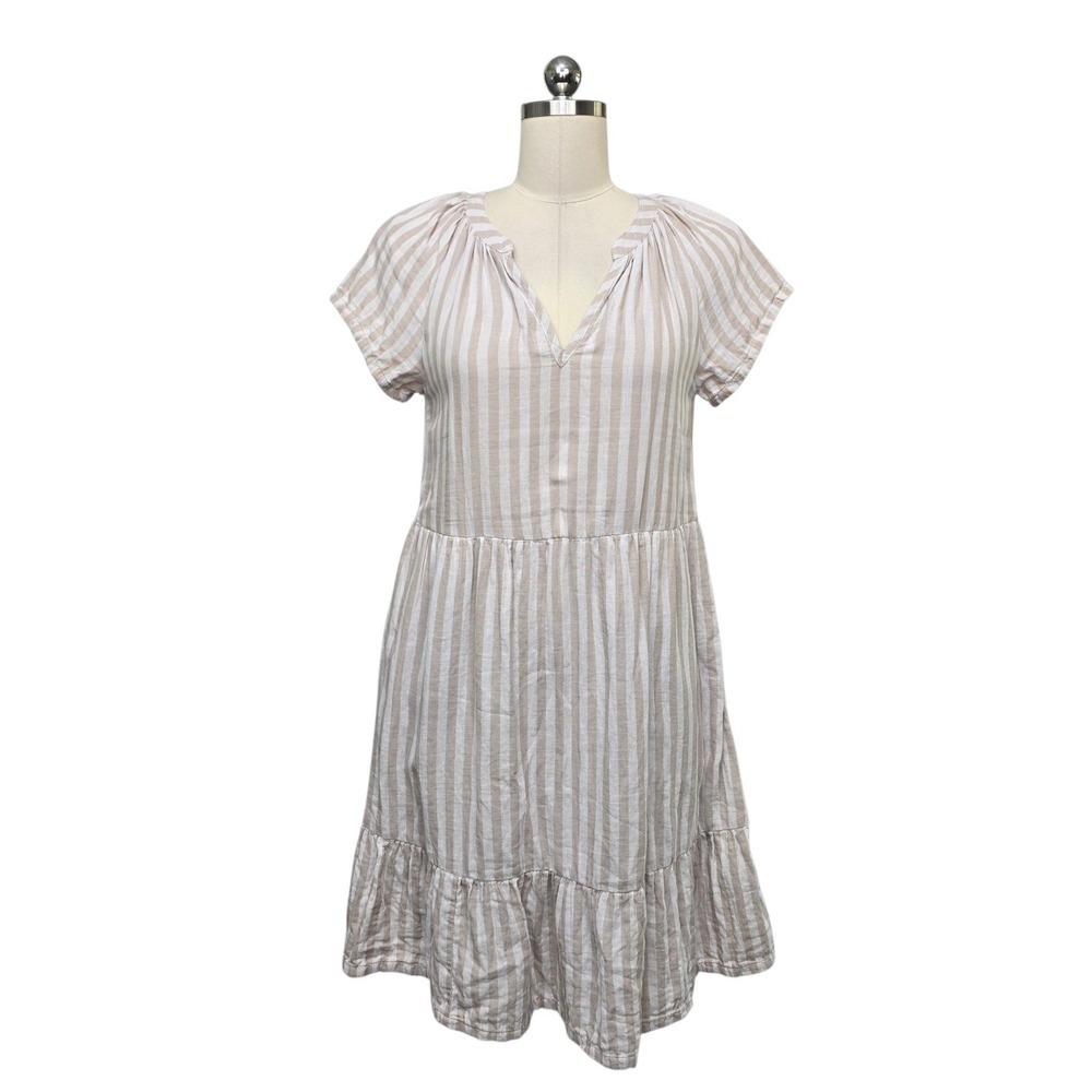 Pact Organic Cotton Gauze Tiered Striped Dress Tan White XS Short Sleeve V-Neck